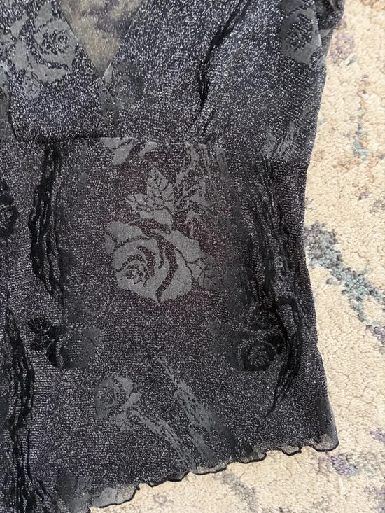 Vintage Mesh Le Chateau Whimsygoth Sparkle Asymmetrical Floral Top - Picture 2 of 3